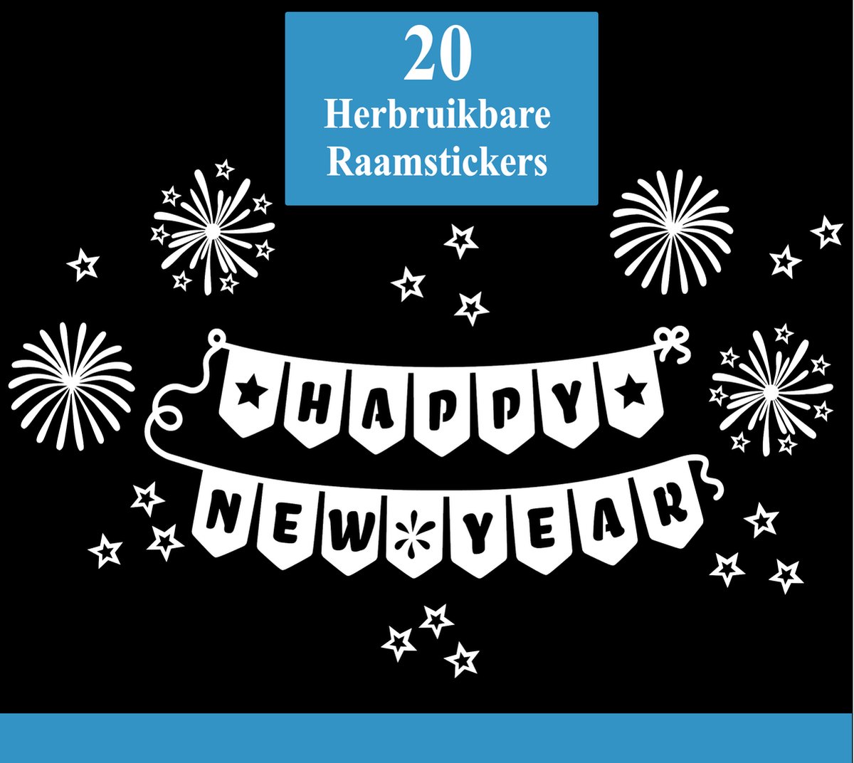 Herbruikbare Raamsticker Happy Newyear en Vuurwerk | Ook leuk voor bij de Kerst Raamsticker Huisjes